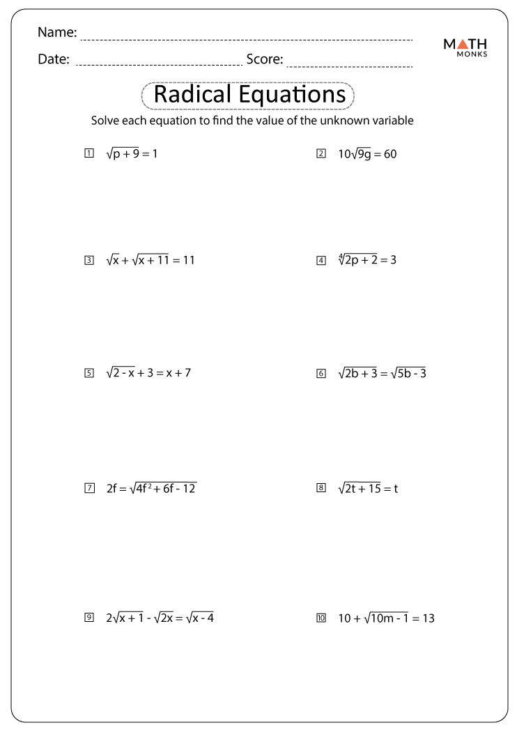 algebra 2 radical worksheet