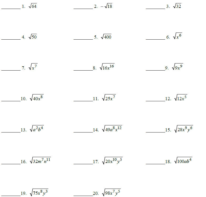 algebra 2 radical worksheet