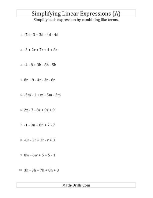 Simplifying Linear Expressions with 5 Terms (A)