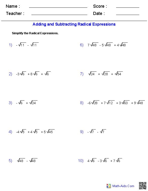 Adding and Subtracting Radical Expressions Worksheets | Radical ...