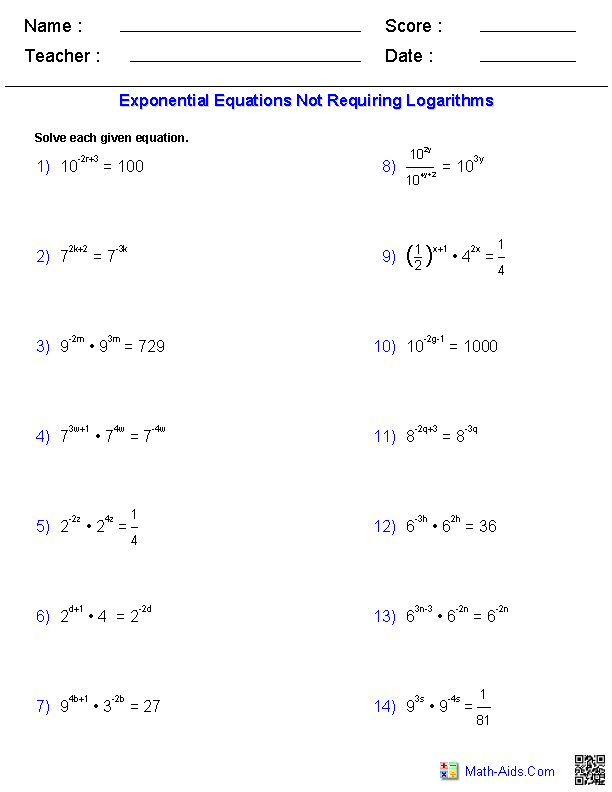 Algebra 2 Worksheets | Exponential and Logarithmic Functions ...