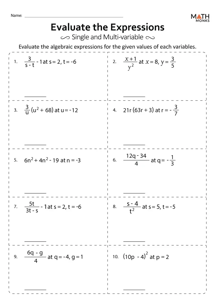 7th Grade Algebraic Expressions Worksheets - Math Monks