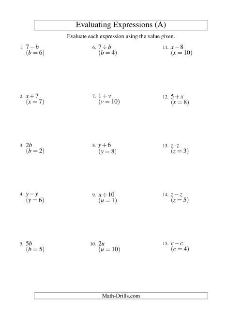 Evaluating One-Step Algebraic Expressions with One Variable (A)