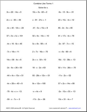 algebra combining like terms worksheet