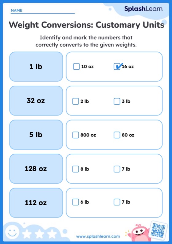 Convert Customary Units of Weight — Printable Math Worksheet