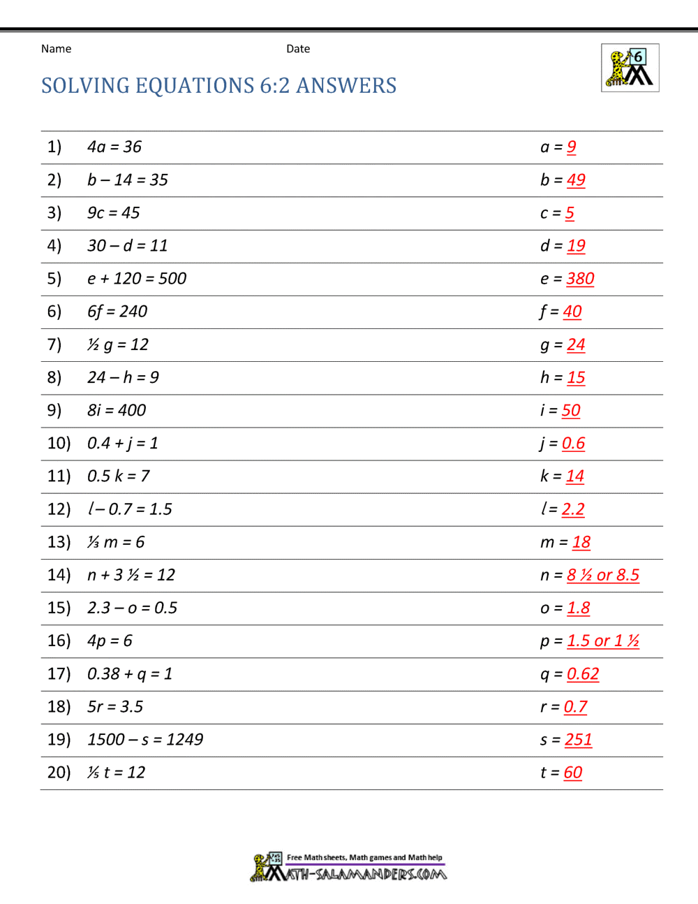 algebra equations worksheet with answers