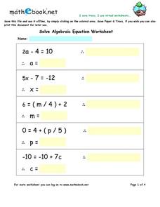 Solve Algebraic Equation Worksheet Worksheet for 7th - 9th Grade ...