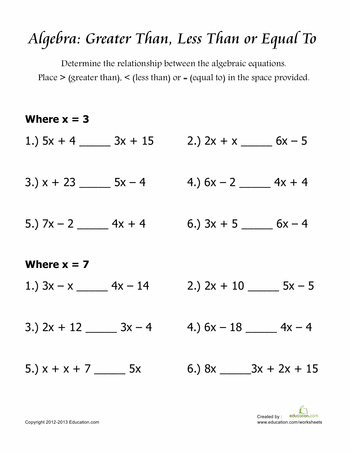 Comparing Algebraic Equations | Worksheet 