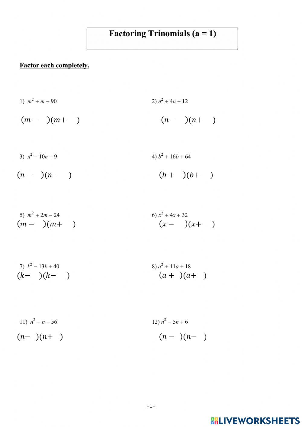 Factoring Trinomials interactive worksheet  