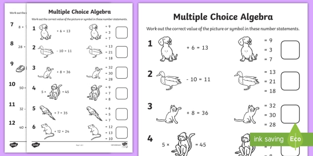 First Level Multiple Choice Algebra Worksheet (teacher made)