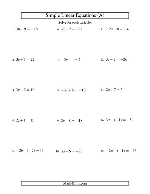 Algebra Worksheet -- Solving Linear Equations (Including Negative ...