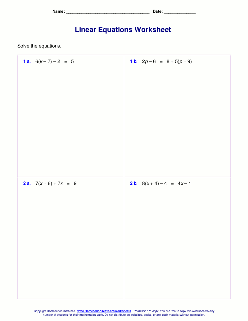 Free worksheets for linear equations (grades 6-9, pre-algebra ...