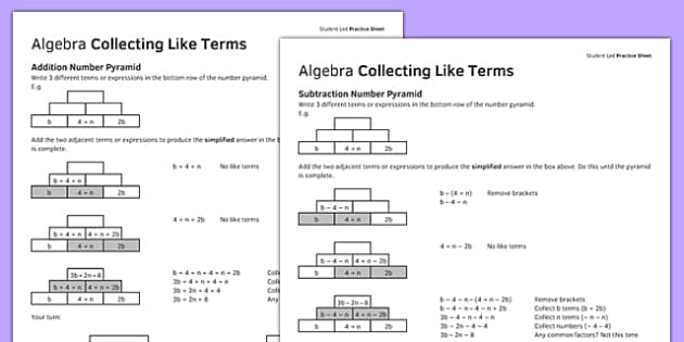 Algebra Collecting Like Terms Worksheet | KS3 &  KS4 Maths