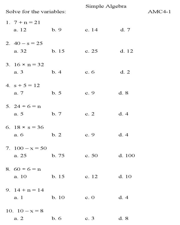 BlueBonkers - Algebra - Multiple Choice - P1 : free printable math ...