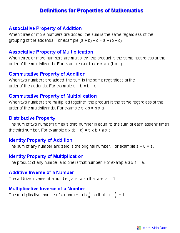 Properties Worksheets | Properties of Mathematics Worksheets