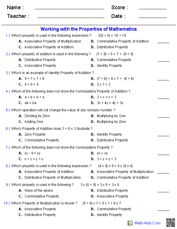 Properties Worksheets | Properties of Mathematics Worksheets