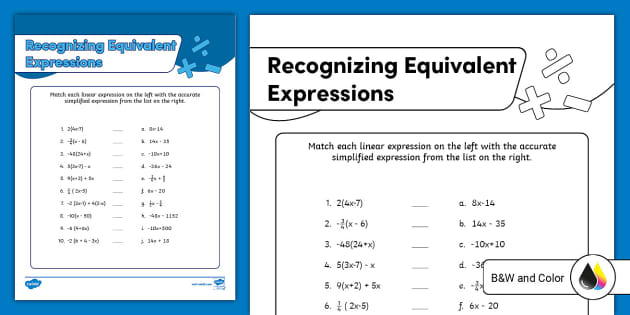 Seventh Grade Recognizing Equivalent Expressions Activity