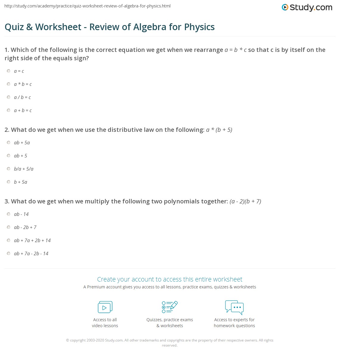 algebra review worksheet with answers