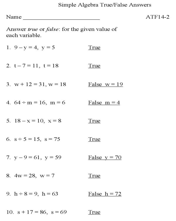 BlueBonkers - Algebra - True/False p2 (solution): free printable ...