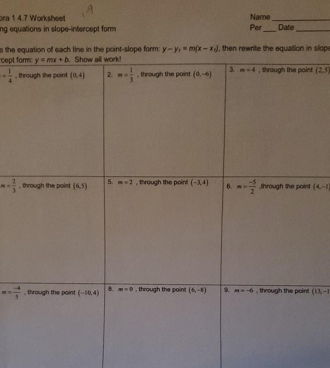 Solved 9 ora 14.7 Worksheet ng equations in slope-intercept ...