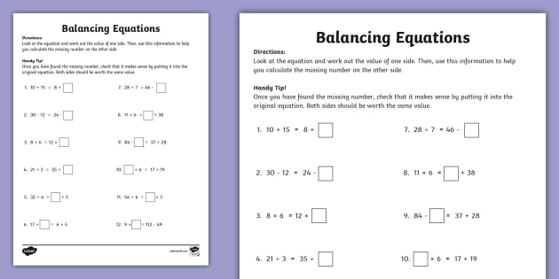 Fifth Grade Balancing Algebraic Equations Activity - Twinkl