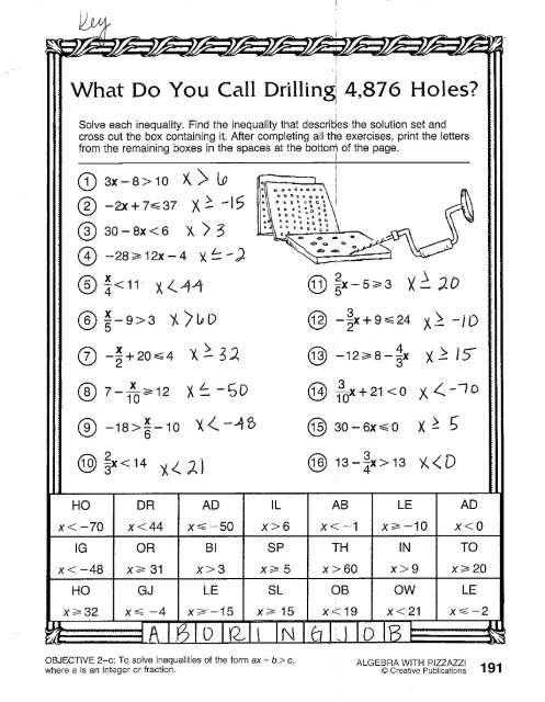 Inequalities Pizzazz Worksheet ANSWERS