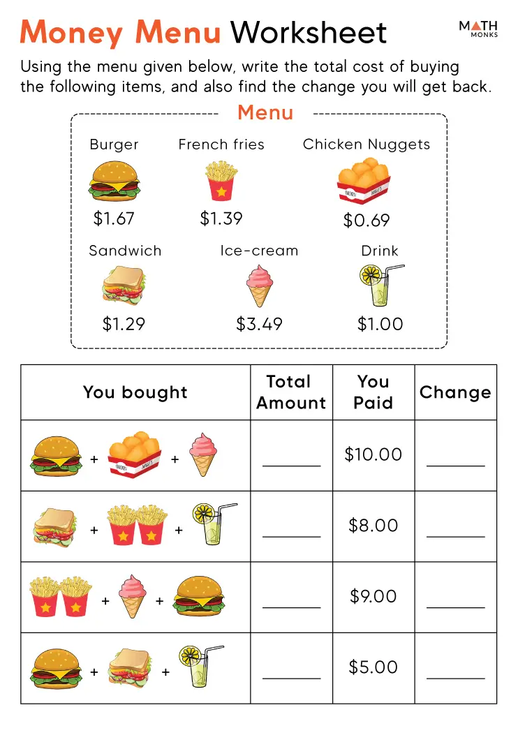 Menu Math Worksheets - Math Monks