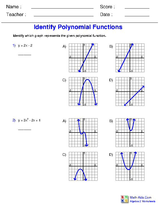 Algebra 2 Worksheets | Polynomial Functions Worksheets