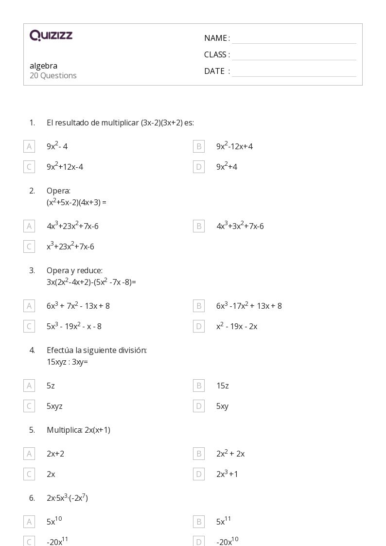 50+ Algebra worksheets for 7th Class on Quizizz | Free &  Printable