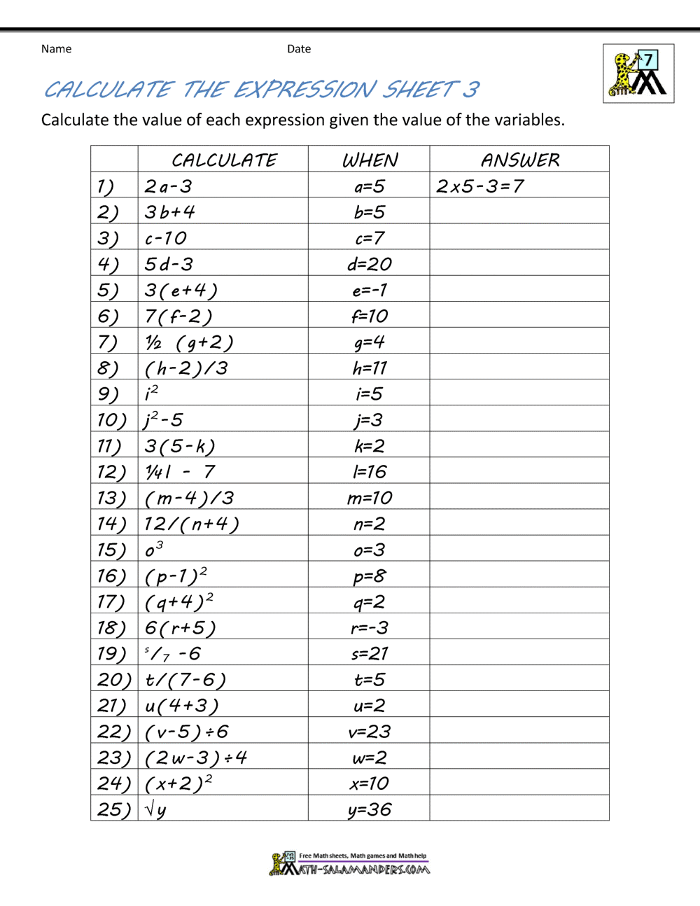 algebra worksheet 7th grade