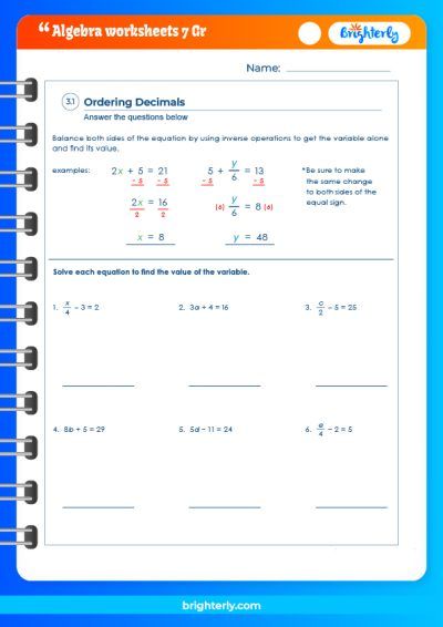 Free Printable 7th Grade Algebra Worksheets [PDFs] Brighterly