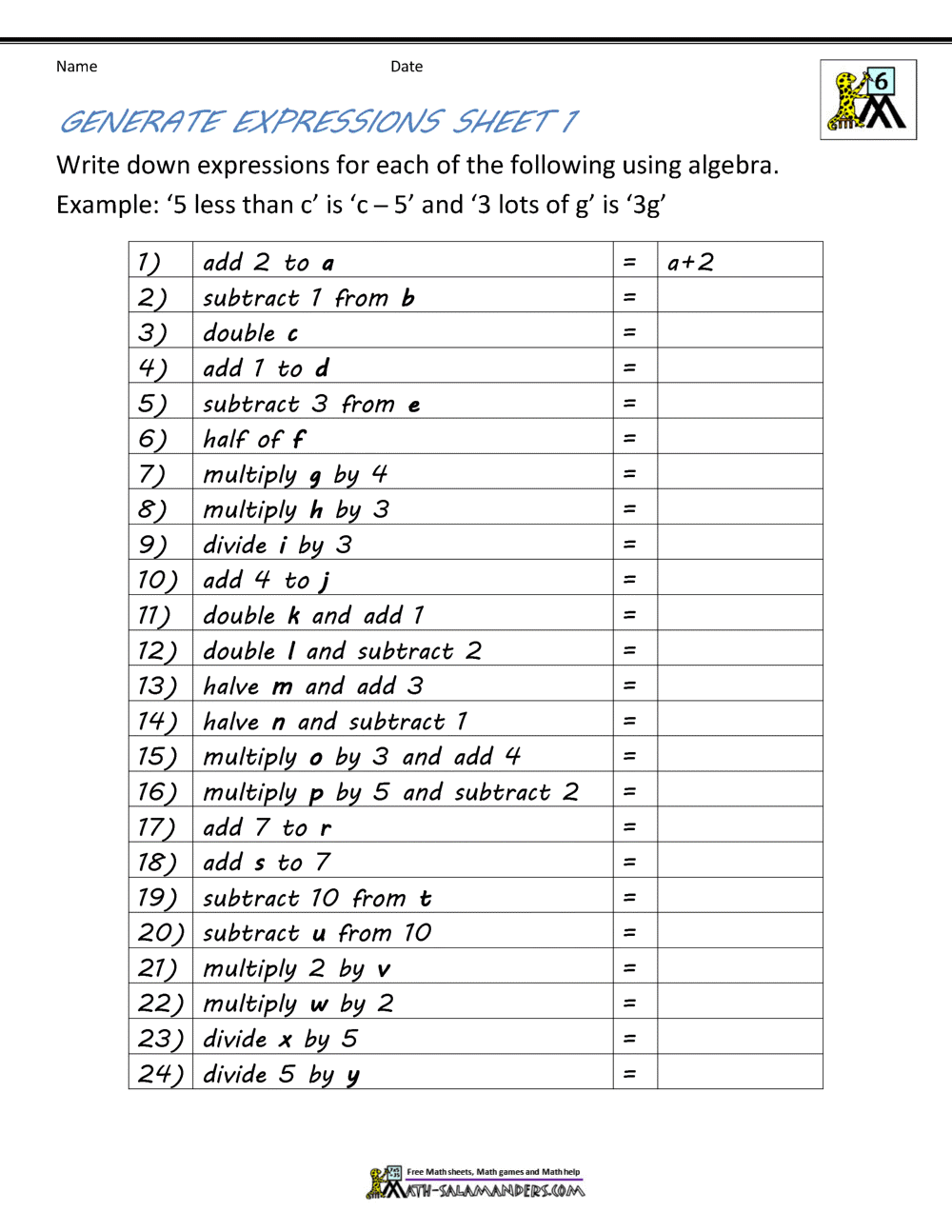 algebra worksheet and answers