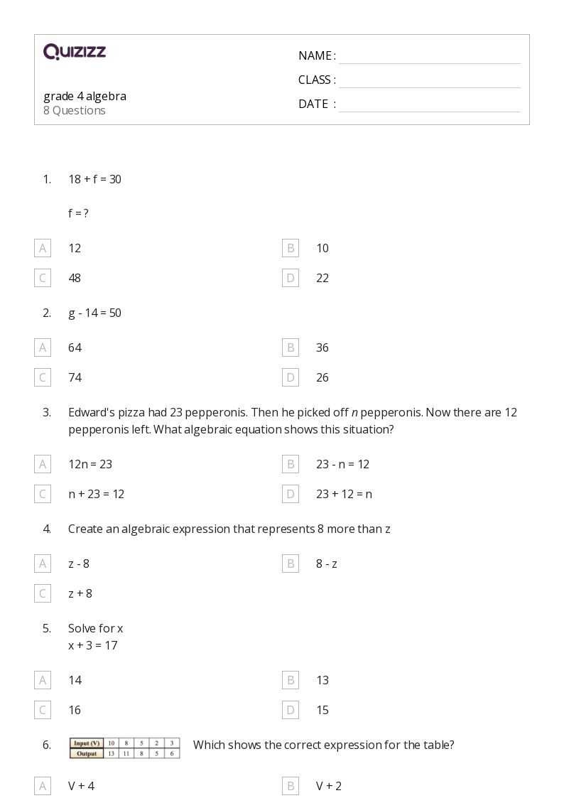 50+ Algebra worksheets for 4th Year on Quizizz | Free &  Printable