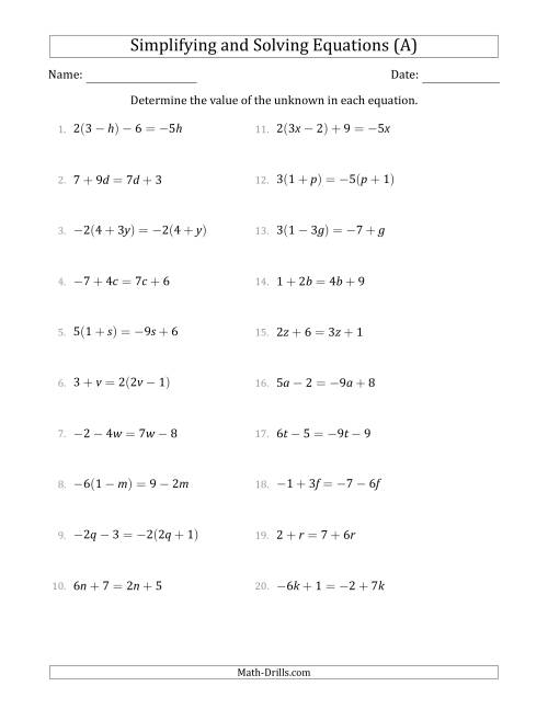 algebra worksheet solving equations