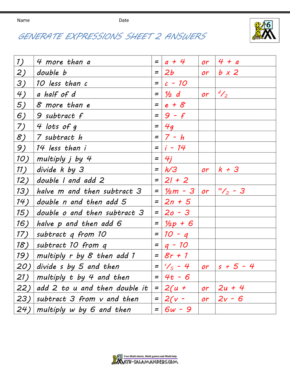 algebra worksheet with answers pdf