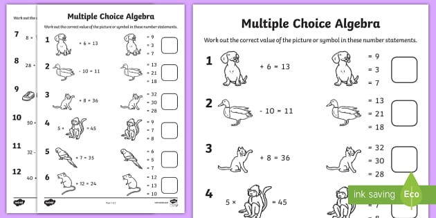First Level Multiple Choice Algebra Worksheet (teacher made)