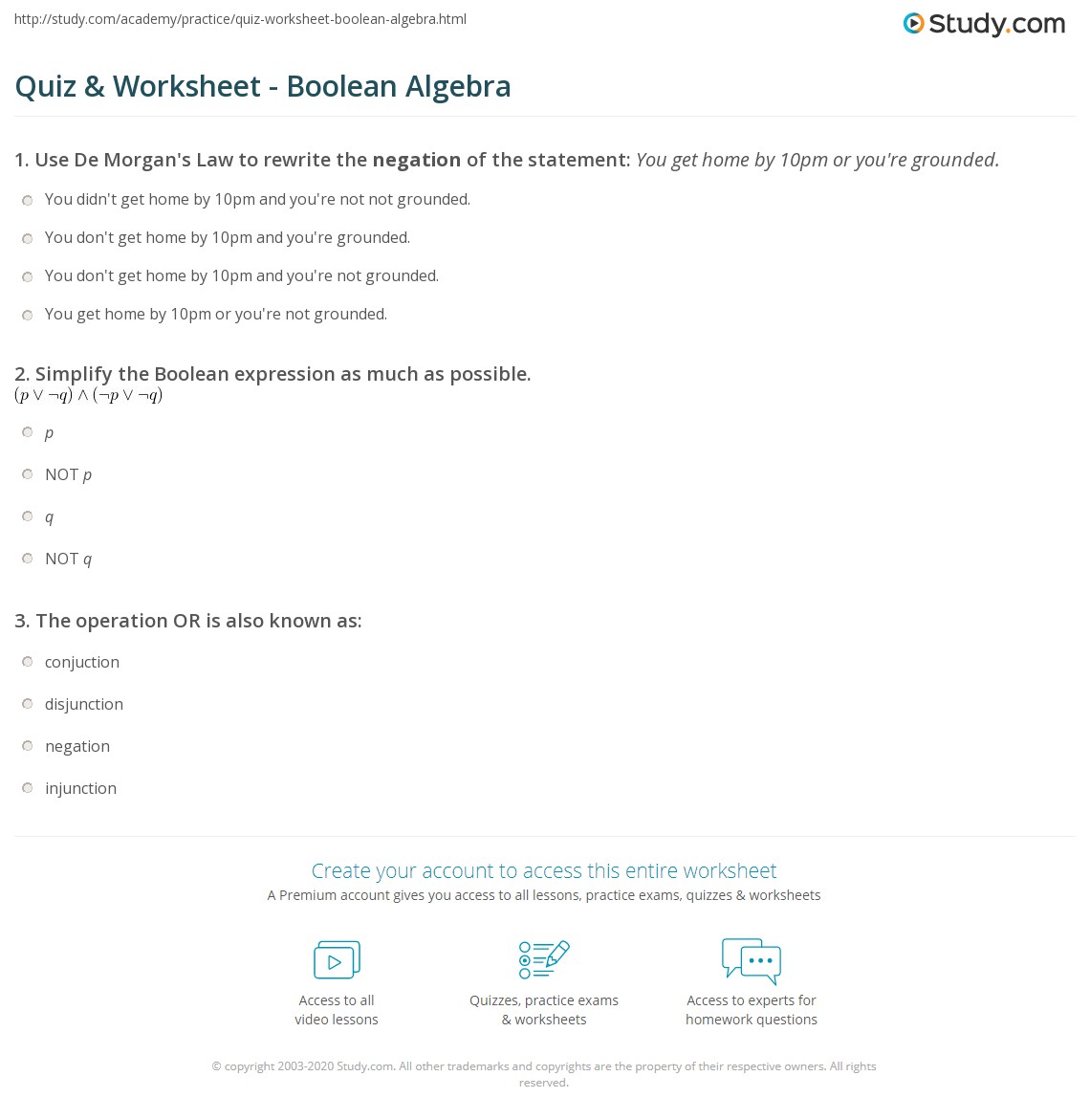 Quiz &  Worksheet - Boolean Algebra | Study.com