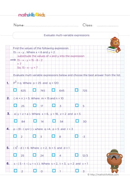 Algebraic expressions worksheets for 6th Graders: Learn and Practice