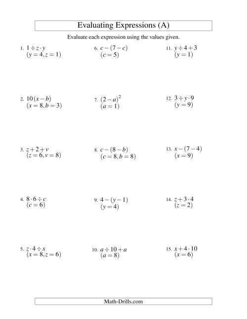 Evaluating Two-Step Algebraic Expressions with Two Variables (A)