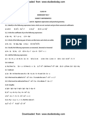 CBSE Class 7 Maths Worksheet - Algebraic Expression | PDF ...