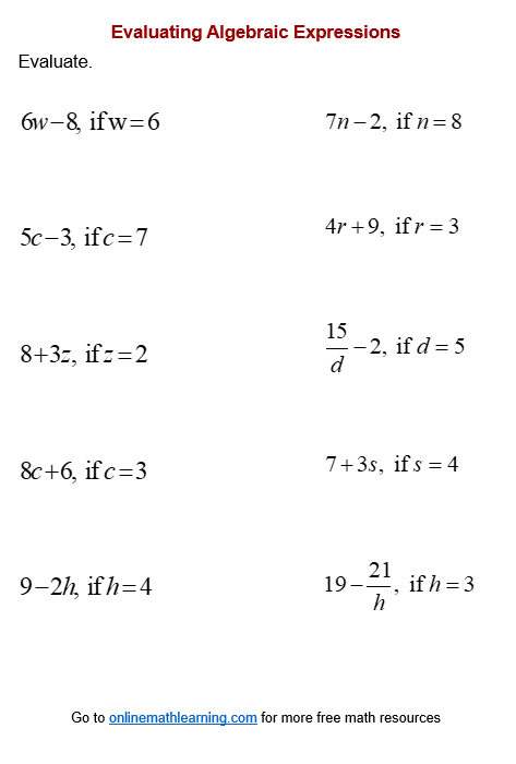 Evaluate Algebraic Expression Worksheets (printable, online ...