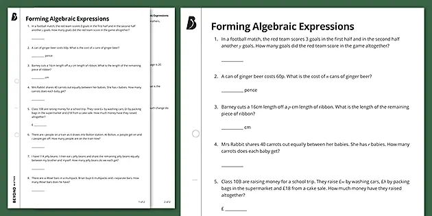 Writing Algebraic Expressions Worksheet - Maths Resource - Twinkl