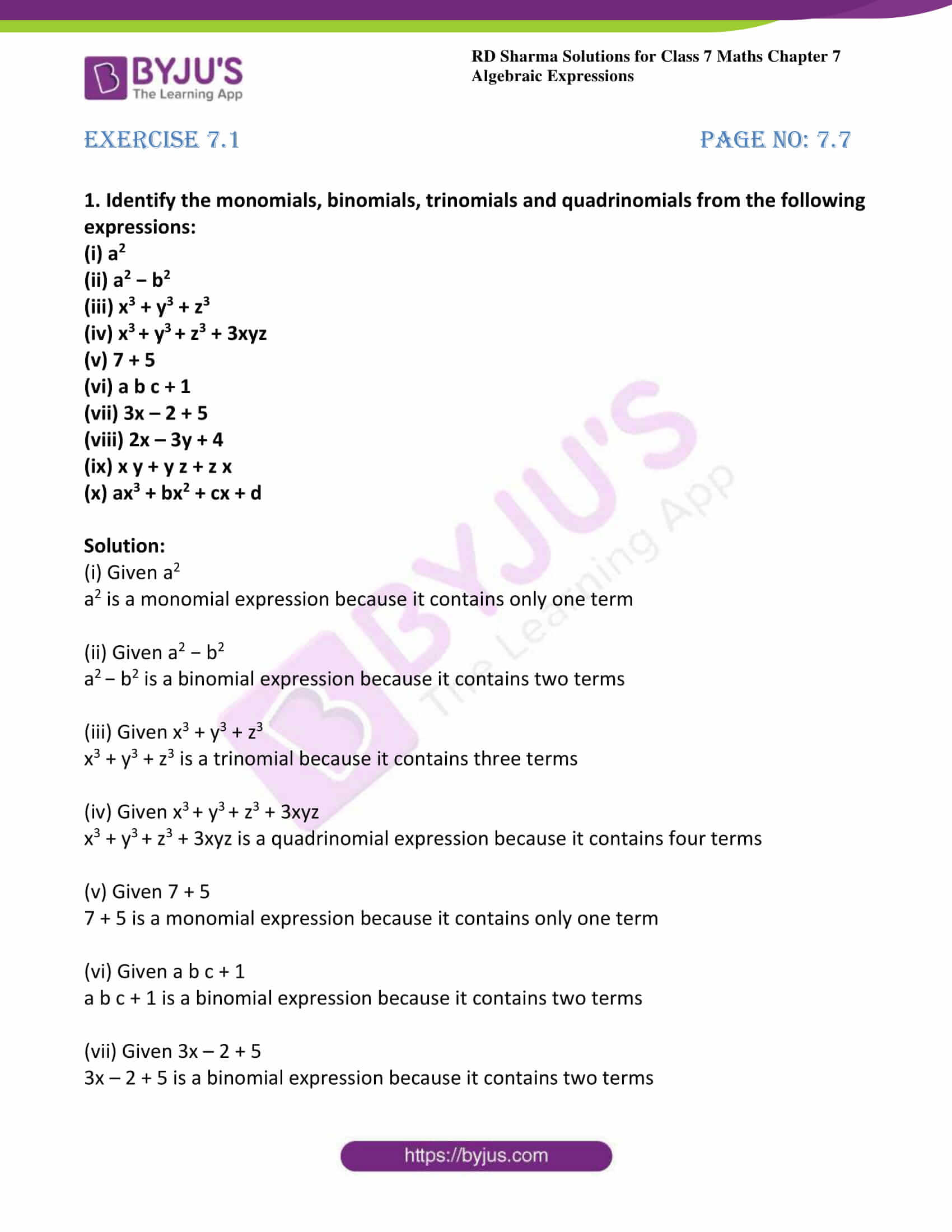 RD Sharma Solutions for Class 7 Maths Chapter 7 - Algebraic ...