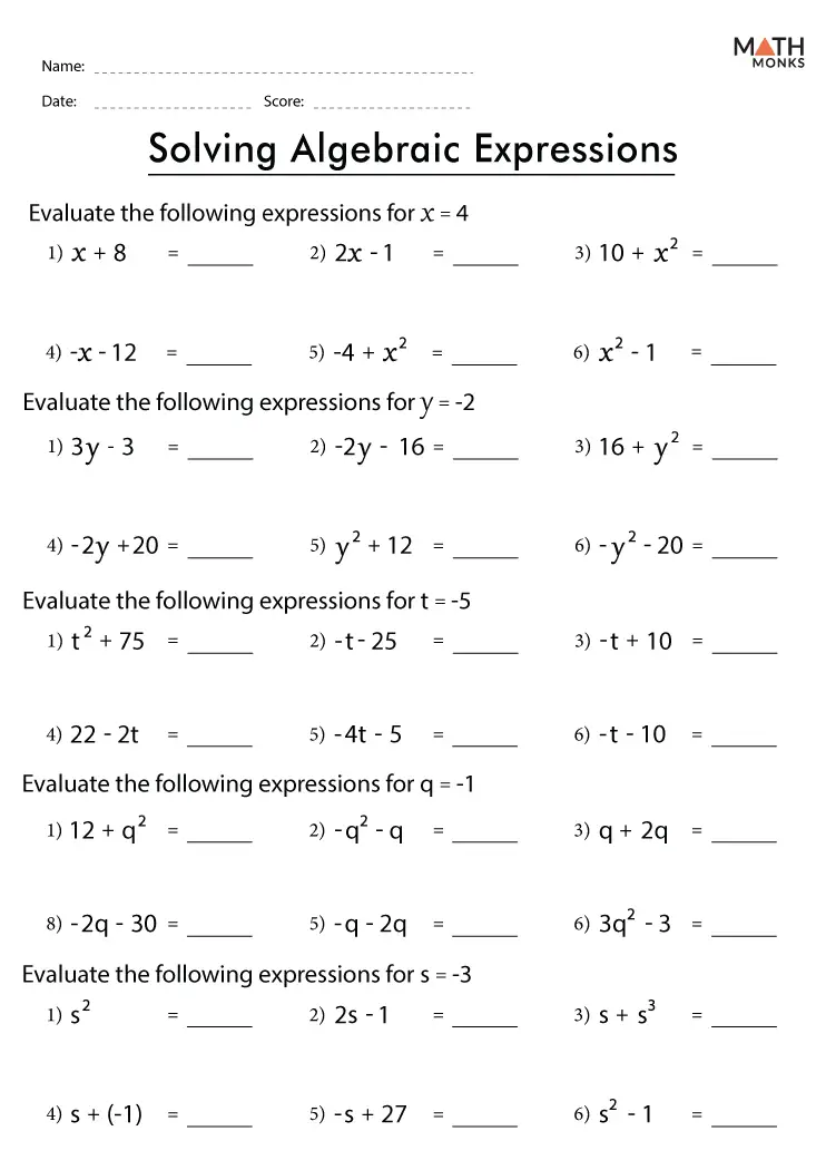 6th Grade Algebraic Expressions Worksheets - Math Monks
