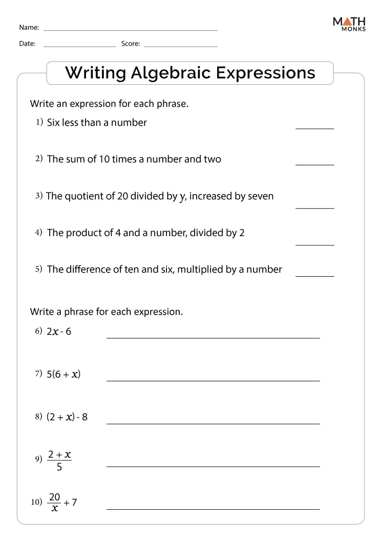 Writing Algebraic Expressions Worksheets - Math Monks