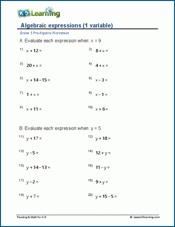algebraic expressions worksheet 6th grade