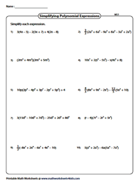 Simplifying Algebraic Expression Worksheets