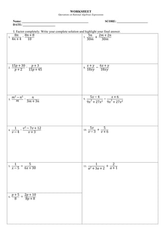 algebraic expressions worksheet answers