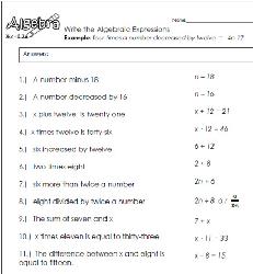Write Algebraic Expressions Worksheets