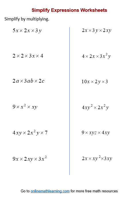 Simplify Expression Worksheets - Multiply, Divide (printable ...